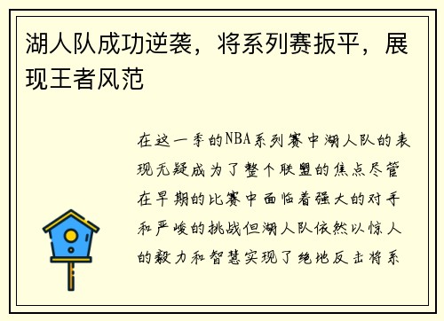 湖人队成功逆袭，将系列赛扳平，展现王者风范